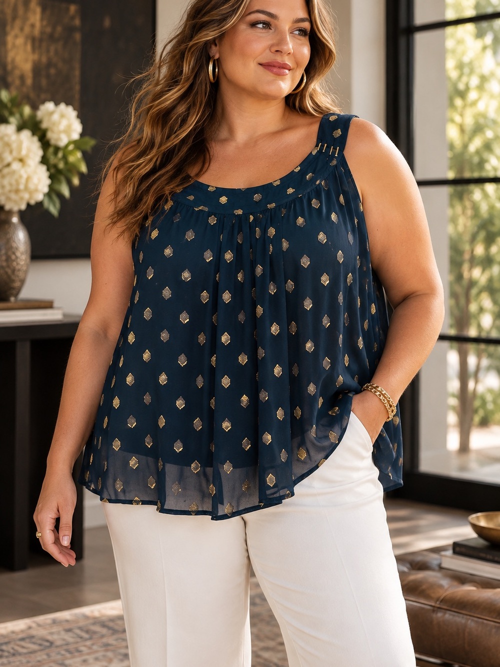 Gold Geometric Sheer Overlay Blouse Roz & Ali 2X Navy Blue